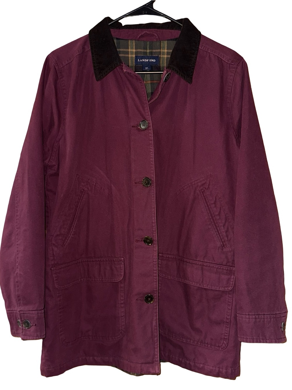 Vintage Lands End Flannel Lined Barn Jacket Medium Petite Burgundy Chore Field
